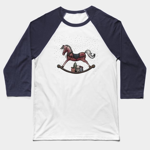 Christmas Rocking Horse illustration with cute bear, gifts and Christmas tree on a snow background. Baseball T-Shirt by ChrisiMM